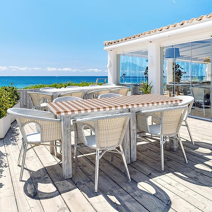 misaya Buffalo Rectangle Picnic Tablecloth, 6 Foot Elastic Fitted Vinyl Table Cloth with Flannel Backing, Waterproof Plaid Table Covers for Dining, Camping, Outdoor (Brown and White, 30" x 72")