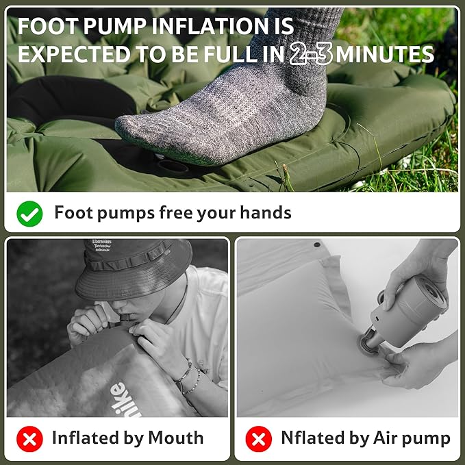 Naturehike Camping Sleeping Pad, Ultralight Inflatable Sleeping Mat with Pillow Built-in Foot Pump, 2.6 Inch Lightweight Air Mattress for Backpacking, Hiking, Traveling