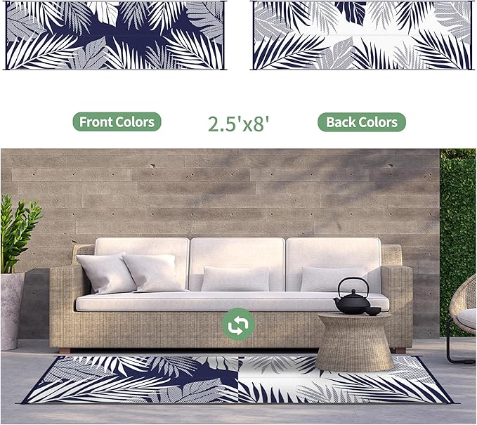 GENIMO Outdoor Rug 2.5' x 8' Waterproof for Patios Clearance, Reversible Outdoor Plastic Straw Camping Rug Carpet, Large Area Rugs Mats for RV, Camper, Deck, Balcony, Porch, Beach, Navy Blue&White