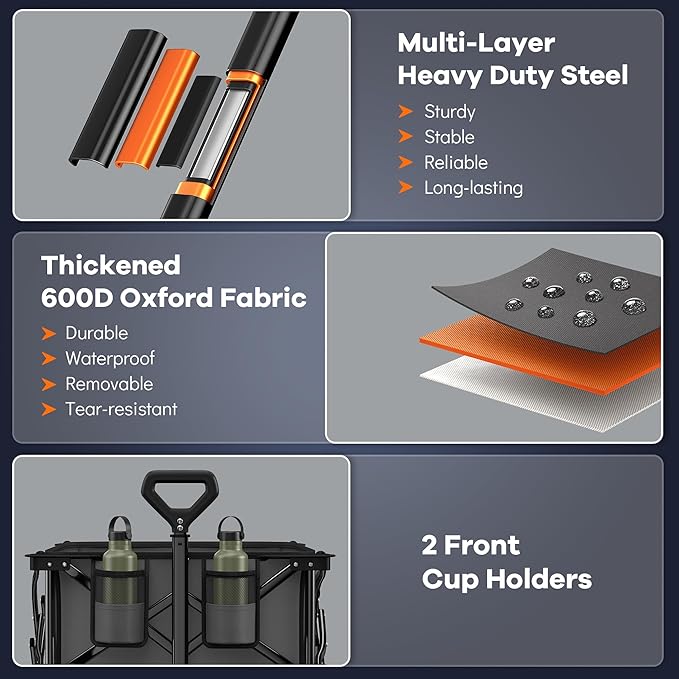 220L Collapsible Wagon Cart Foldable, 460LB Load Capacity Heavy Duty Folding Beach Wagons with Big All-Terrain Wheels, Utility Carts for Groceries, Shopping, Camping, Sports - Grey