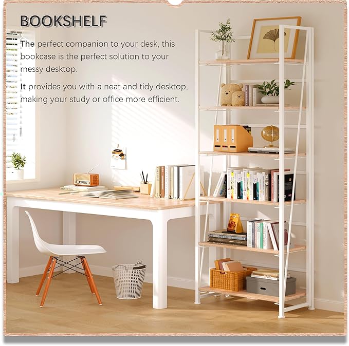 4NM No Assembly Folding Bookshelf, 6-Shelf 74" H Collapsible Foldable Bookcase Storage for Small Spaces, Natural White