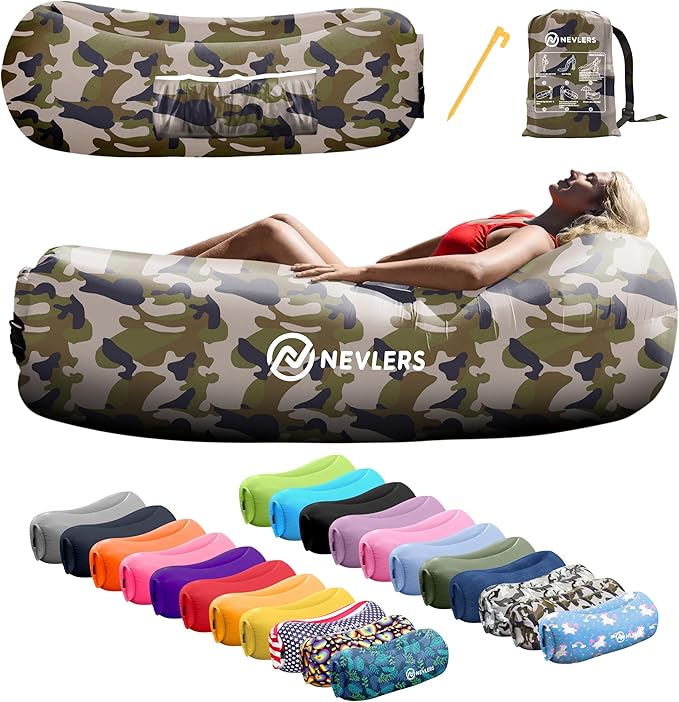 Nevlers Inflatable Lounger | 210T Polyester Inflatable Chair | No-Pump Blow Up Couch | Camping Couch Air Sofa Bed w/ 450 lbs. Cap., Pockets & Matching Bag | Use as Inflatable Couch for Adults & Kids