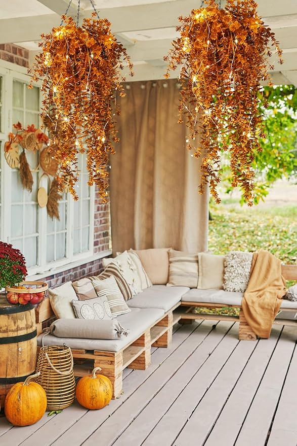 Fall Artificial Hanging Plants Artificial Fall Flowers Faux Autumn Plants Faux Hanging Plants Artificial Plants Fake Plants with Lights for Thanksgiving Indoor Outdoor Wedding Garden Party (Brown)