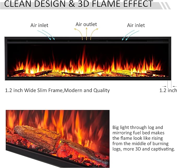 LegendFlame 72" W Smart Wall Mount & in Wall Recessed Electric Fireplace Insert, Heater 750W/1500W, Multi Colors of Flame & Fuel Bed, Alexa/Google Assistant Enabled