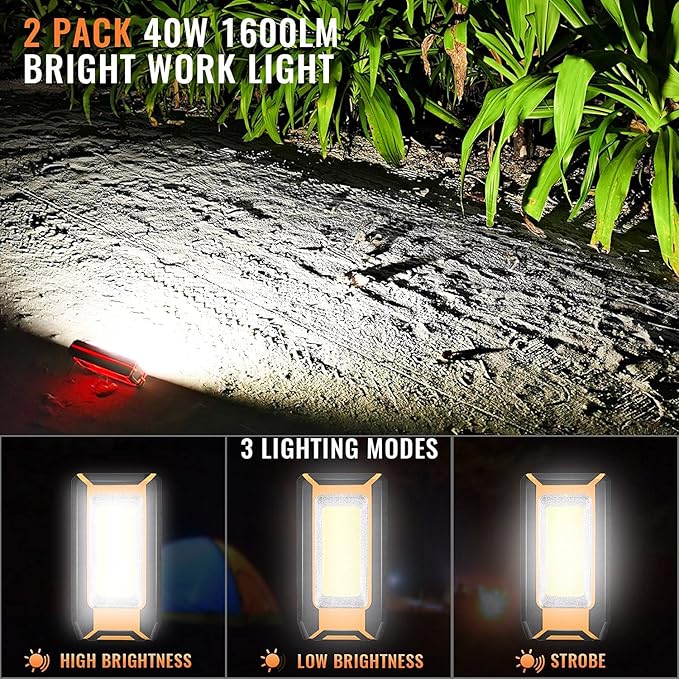 2 Pack 40W 1600LM LED Work Light, Rechargeable Portable Magnetic Flood Lights for Outdoor Camping Emergency Car Repairing and Waterproof Job Site Lighting