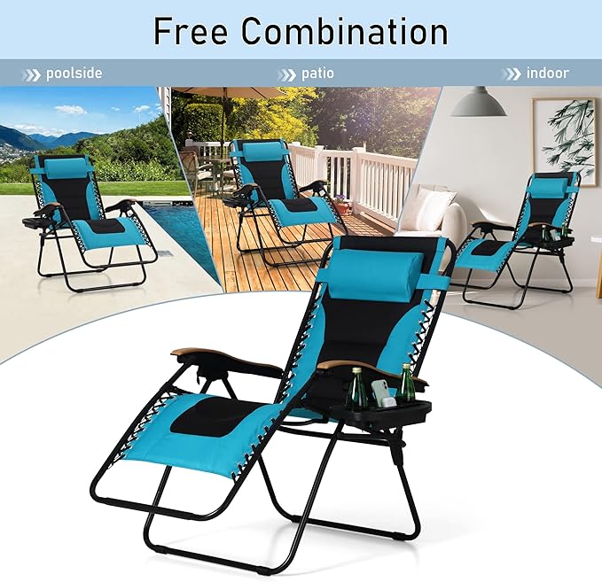 PHI VILLA XXL Oversized Padded Zero Gravity Chair, Foldable Patio Recliner, 30" Wide Seat Anti Gravity Lounger with Cup Holder, Set of 2, Support 400 LBS (Aqua)