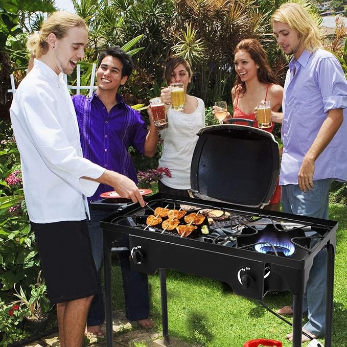 Happygrill Camping Stove Outdoor, High Pressure 2 Burner Propane Gas Camp Stove w/Detachable Legs, 150,000-BTU Output, 0-20 PSI Regulator, Portable Camping Burner Picnic Cookout