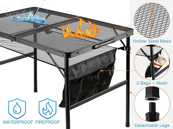 Folding Metal Camping Table with Mesh Layer, Portable & Lightweight Grill Table for Outdoor, 2 Adjustable Heights, Metal Mesh Tabletop for Camping Cooking, Medium Size (2.95 FT, Black)