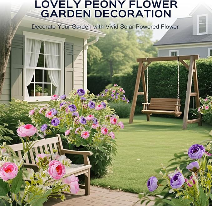 2 Pack Solar Garden Lights Outdoor, Colorful LED Waterproof Solar Powered Peony Flowers Landscape Lights for Outside Yard, Patio, Pathway Decorative, Décor, Gifts, Two Lighting Modes