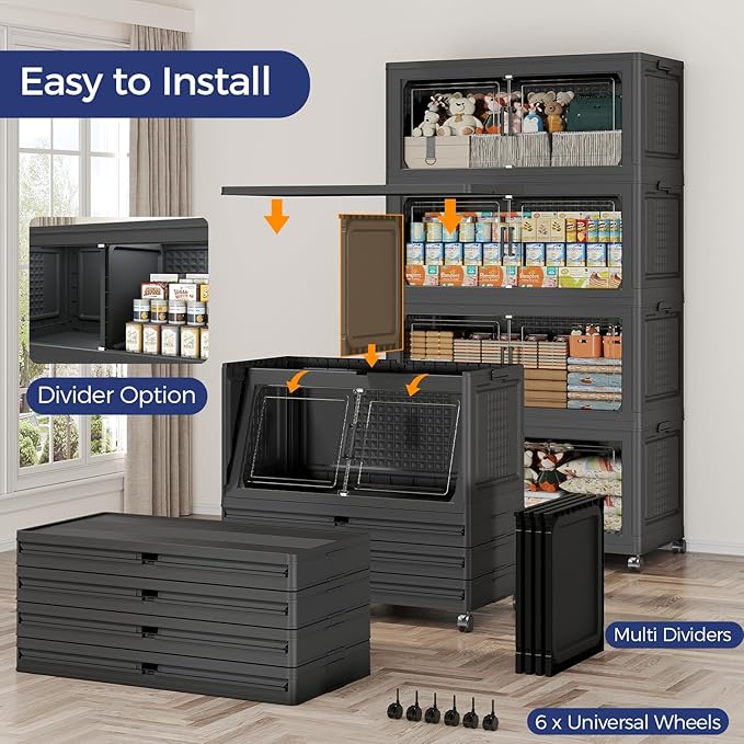 160GAL Extra Large Storage Bins with Lid, 640Qt Stackable Closet Organizers and Drawers, Collapsible Storage Bins with Wheels, Folding Storages Cabinet for Home Bedroom Office, 4Pack Black