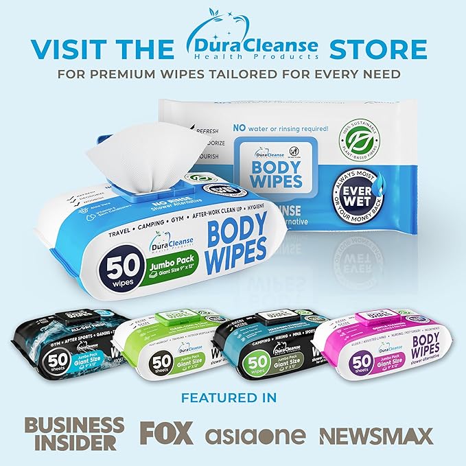 Dura Cleanse Body Wipes for Adults Bathing No Rinse (2 Pack) 100 XL Shower Wipes + 8 Travel Bath Sheets - 9" x 12" Extra Thick Adult Disposable Washcloths for Elderly Incontinence & Camping Essentials