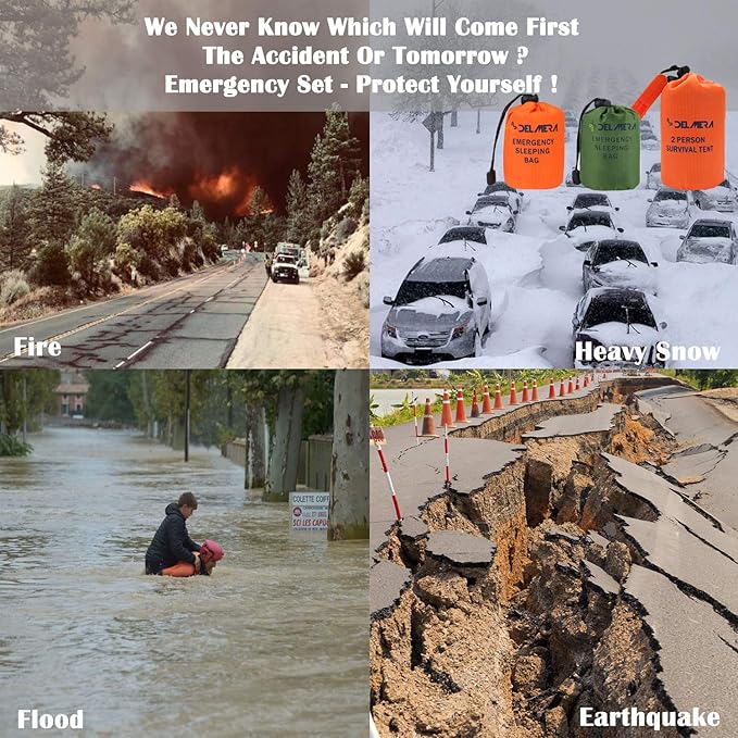 Delmera Emergency Sleeping Bag, Lightweight Survival Sleeping Bags Waterproof Thermal Emergency Blanket, Bivy Sack Survival Gear for Outdoor Adventure, Camping, Hiking, Orange, Green