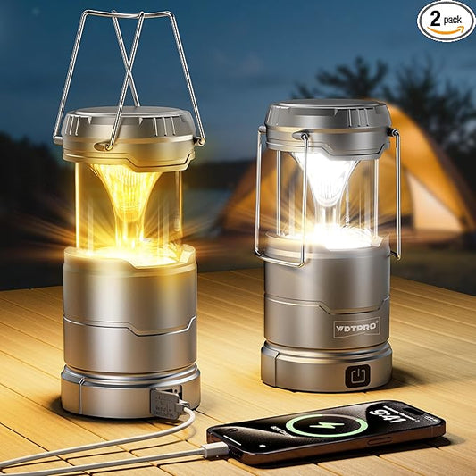 2 Pack Camping Lantern Rechargeable Collapsible, 65 LED 3 Light Modes Camping Lights, Stepless Dimming, Waterproof Portable Lanterns for Camping Power Outages Tent Emegency Home Hiking