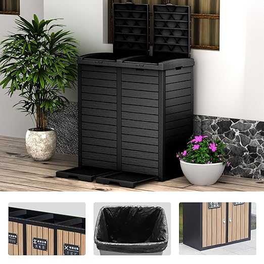 Vixzen 68Gallon Outdoor Trash Can with Lid,Waterproof Resin Waste Bin,Lightweight,Large Sturdy Garbage Bin for Patio,Kitchen,Backyard,Black