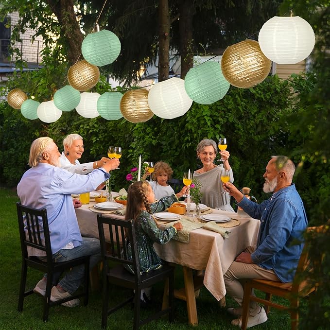 Round Paper Lanterns Decorations, Chinese Paper Lanterns Decorative, Sage Green/Gold/White for Rustic Party Sage Green Birthday Party Bachelorette Engagement Wedding Baby Shower 15pcs