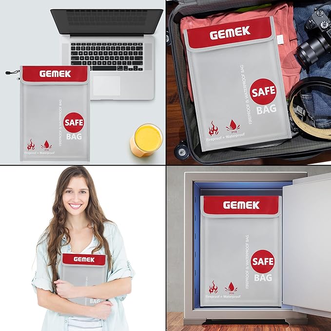 Fireproof Document Bag (2000℉) Upgraded 2 Pockets, GEMEK 15”x 11” Fireproof and Waterproof Money Bag Fireproof Safe Storage for Money, Documents, Jewelry and Passport (Silver - 2 Zipper)