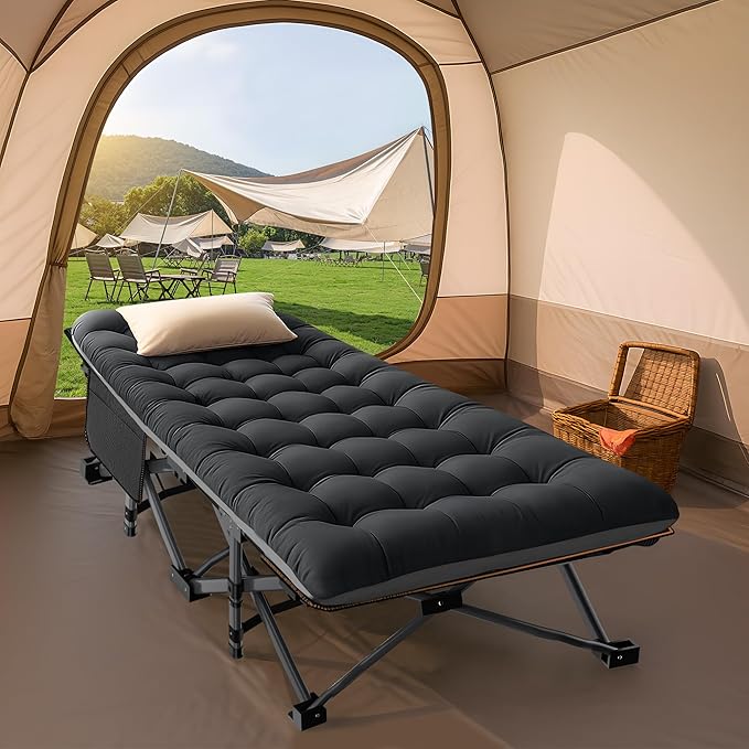 ABORON Folding Camping Cot W/Mat for Adults, Heavy Duty Outdoor Bed with Carry Bag,1200 D Layer Oxford Travel Camp Cots (Black Cot with Black Cotton Pad)