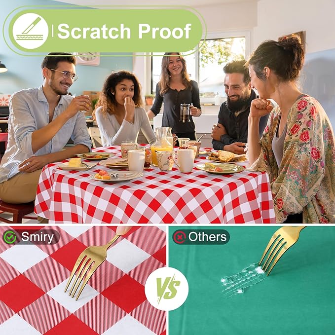Smiry Round Plastic Table Cloth, Waterproof Vinyl Tablecloth with Flannel Backing, Wipeable Buffalo Plaid Table Cover for Dining, Indoor and Outdoor (Red & White, 60" Round)