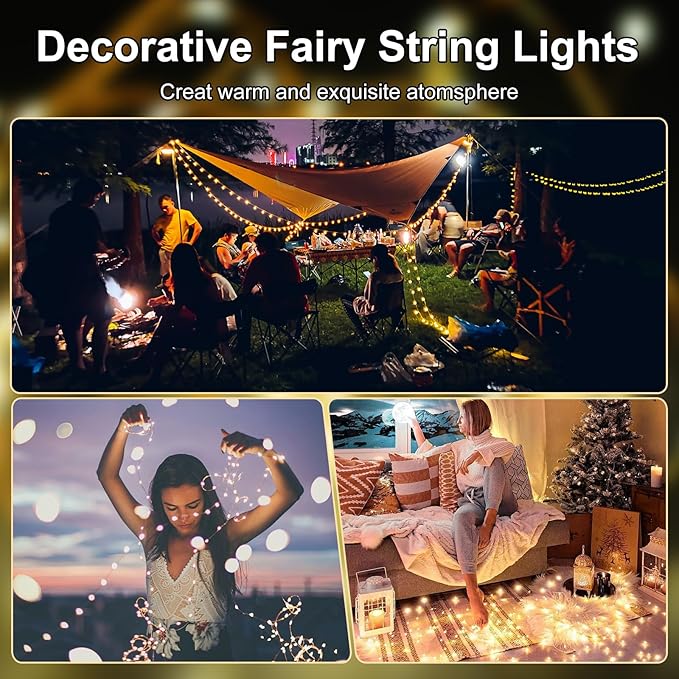 Fairy Lights Battery Operated String Lights 16.4ft 50LED Flashing and Constant Light Waterproof Silver Wire for Christmas DIY Party Bedroom Wedding (Warm White, 2 Pack)