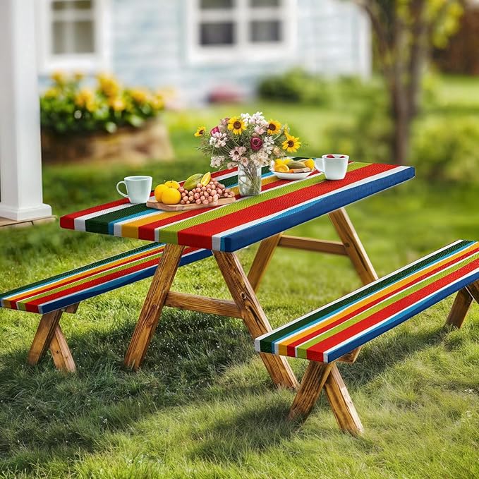JAWO Picnic Table Covers with Bench Covers Modern Stripe Camping Tablecloth Fitted Picnic Table Cover with Elastic Windproof Waterproof Fabric, Camping Accessories Patio & Outdoo