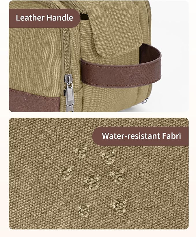 WANDF Toiletry Bag for Men Travel Toiletry Organizer Canvas and Leather Dopp Kit Water-Resistant Shaving Bag for Travel Accessories (Classic Khaki, Large)