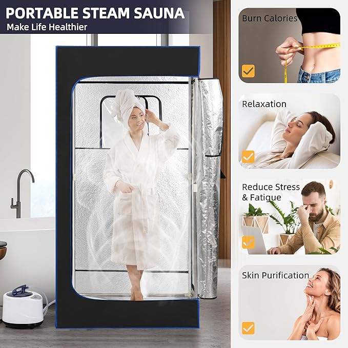 Portable Steam Sauna, Full Size Portable Sauna for Home, Sauna Tent Sauna Box with 3.0L Steamer, Remote Control, Folding Chair, 9 Levels