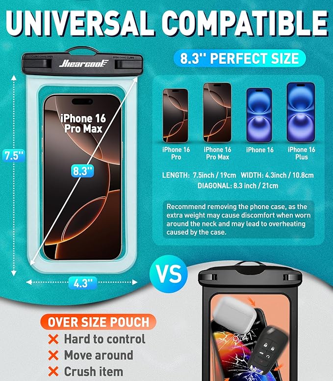 Hiearcool Waterproof Phone Pouch, Waterproof Phone Case, IPX8 Cellphone Dry Bag Compatible for iPhone 16 15 14 13 Pro Max Plus Cellphone Up to 8.3", Beach Essentials for Travel-Clear-4Pack