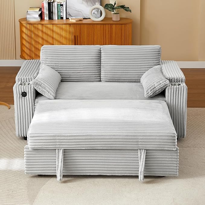 68.11" Corduroy Sleeper Chair Bed with USB Port, Cup Holders & Side Storage Pockets – 3-in-1 Foldable Sofa Bed for Guest Room, Living Room (ZY-1110-Light Gray)