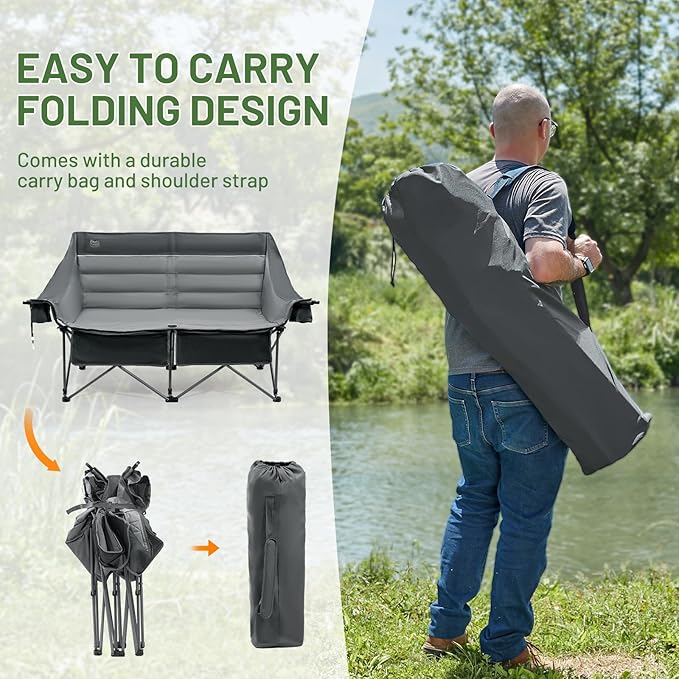 Timber Ridge Double Camping Chair, Heavy Duty Outdoor Folding Camp Couch, Loveseat Camping Chairs Perfect for Campsites, Patio/Lawn, Soccer Games or Other Youth Sports, Supports 600 lbs