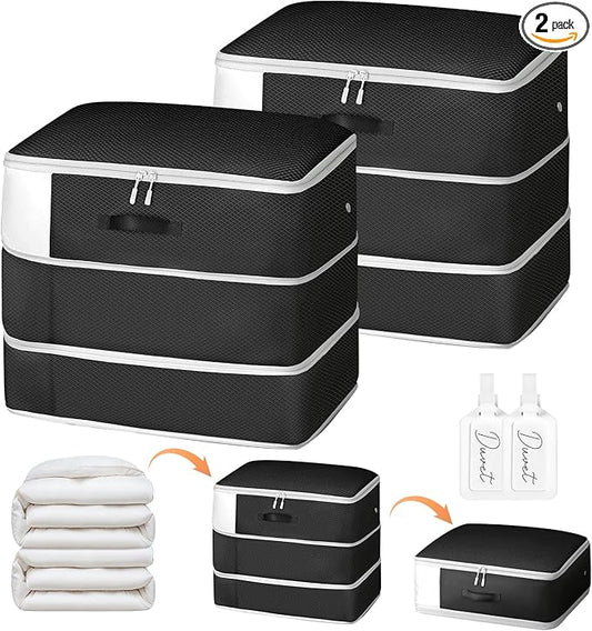 Comforter Storage Bag - Large Capacity Blanket Storage Bags 3-Layer Ultra Space Saving Self Compression Organizer, Washable Compression Bags for Storage Comforter Blanket, 2-Pack, Black