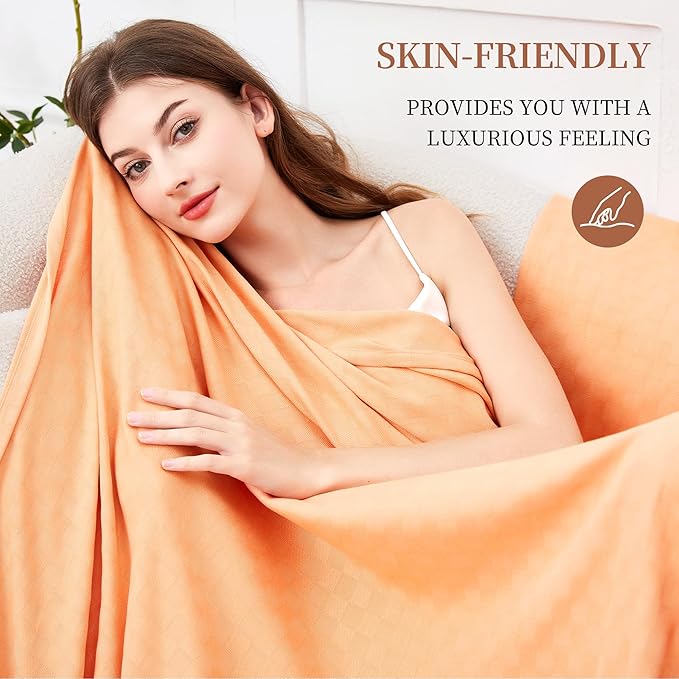 AmyHomie Cooling Blanket Queen Size, 100% Rayon Derived from Bamboo, Cool Summer Blanket for Hot Sleepers Soft Comfy Lightweight Checkered Blankets for All Seasons(Tangerine Pink, 90”x90”)