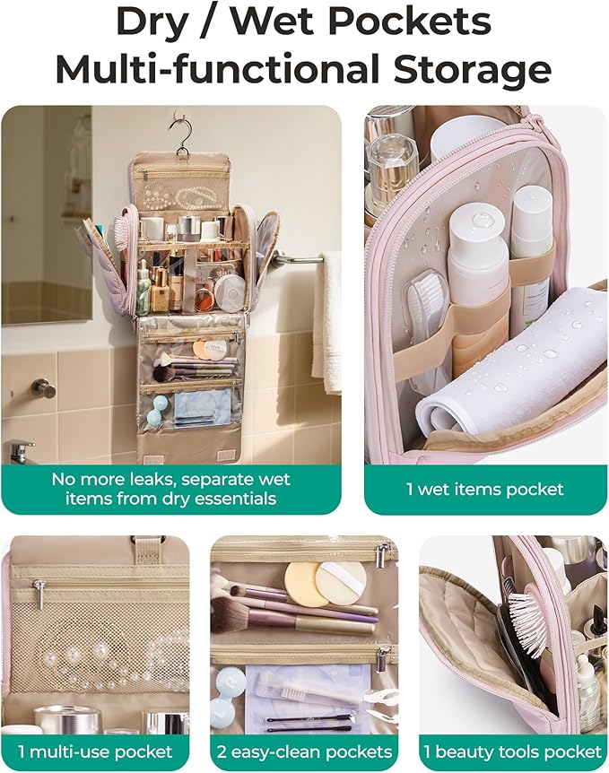 BAGSMART Hanging Toiletry Bag with Removable Partition, Puffy Water-resistant Fabric, Cosmetic Bag Makeup Bag for Full Sized Toiletries, Nude Pink
