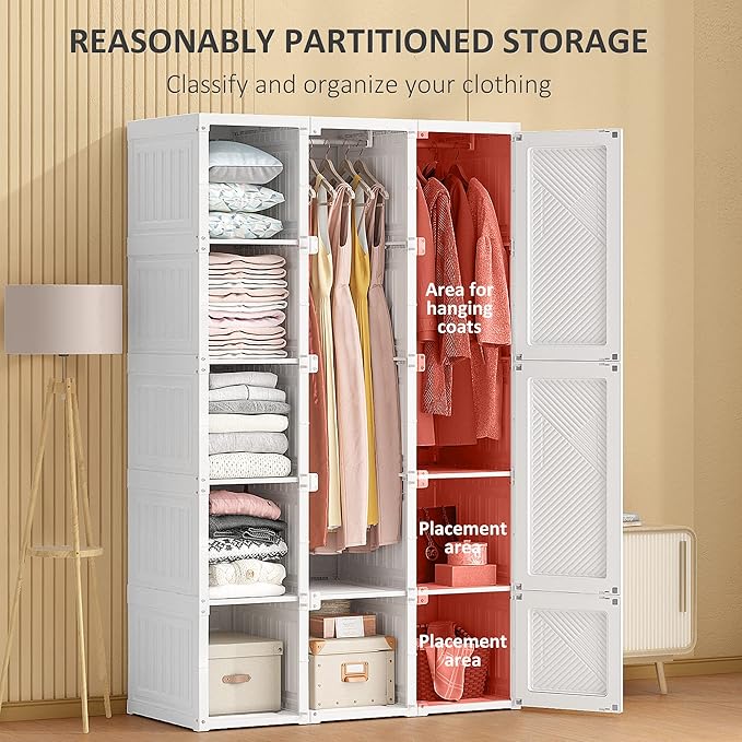 HOMCOM Portable Wardrobe Closet, Folding Clothes Storage Organizer with 8 Cube Compartments, 2 Hanging Rods, 11 Magnet Doors, White
