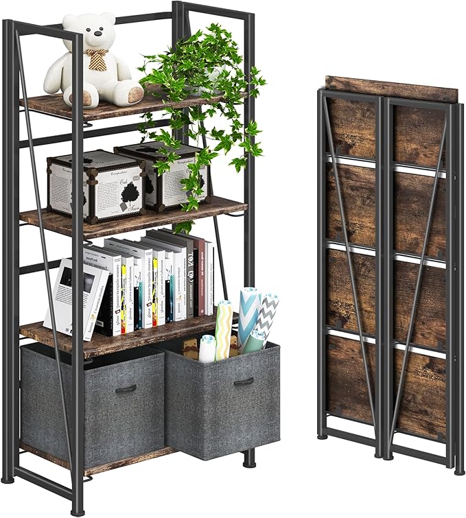 4NM No-Assembly Folding Bookshelf Storage Shelves 4 Tiers Vintage Bookcase Standing Racks Study Organizer Home Office (Rustic Brown Black)