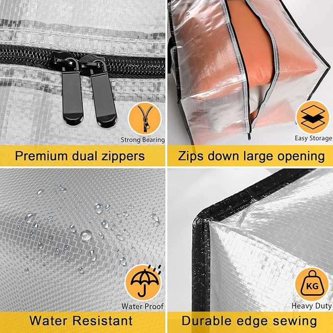 Clear Storage Bags with Zipper, 2 Pack Large Moving Bags Heavy Duty Extra Large, Plastic Storage Totes for Clothes, College dorm Packing Bag with Strong Handles