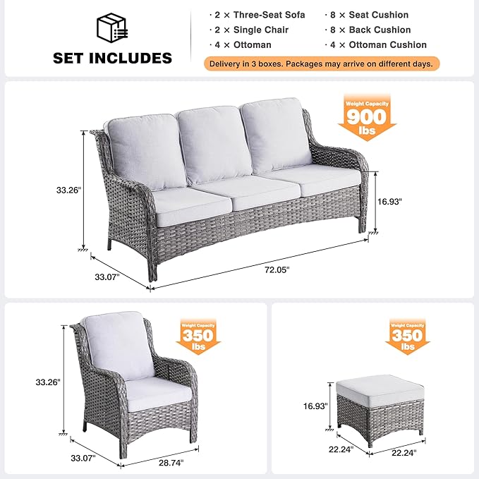 ovios 8 Pieces Patio Furniture Set, Outdoor Wicker Sofas with 2 Chairs, 4 Ottomans and Comfy Cushions, All Weather High Back Couch Set for Deck Porch, Grey Rattan, Grey
