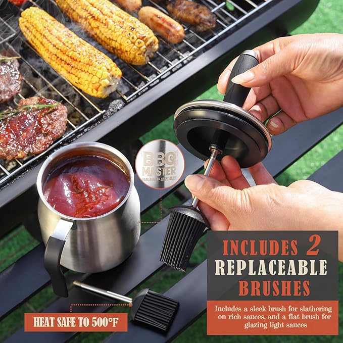 32 OUNCE BBQ Basting Pot with 2 Replaceable Brushes，Grilling Gifts for Men&Dad，Stainless Steel 304 Barbecue Sauce Pot Brush Set，Airtight Melting Pot Sauce Container，Birthday Gifts for HIm Dad Husband