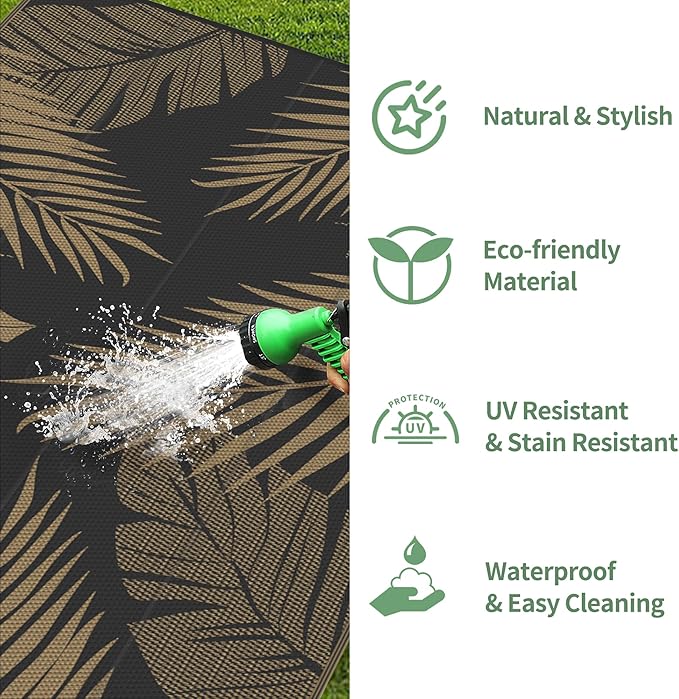 GENIMO Outdoor Rug 6' x 9' Waterproof for Patios Clearance, Reversible Outdoor Plastic Straw Camping Rug Carpet, Large Area Rugs Mats for RV, Camper, Deck, Balcony, Porch, Beach, Picnic, Black&Brown
