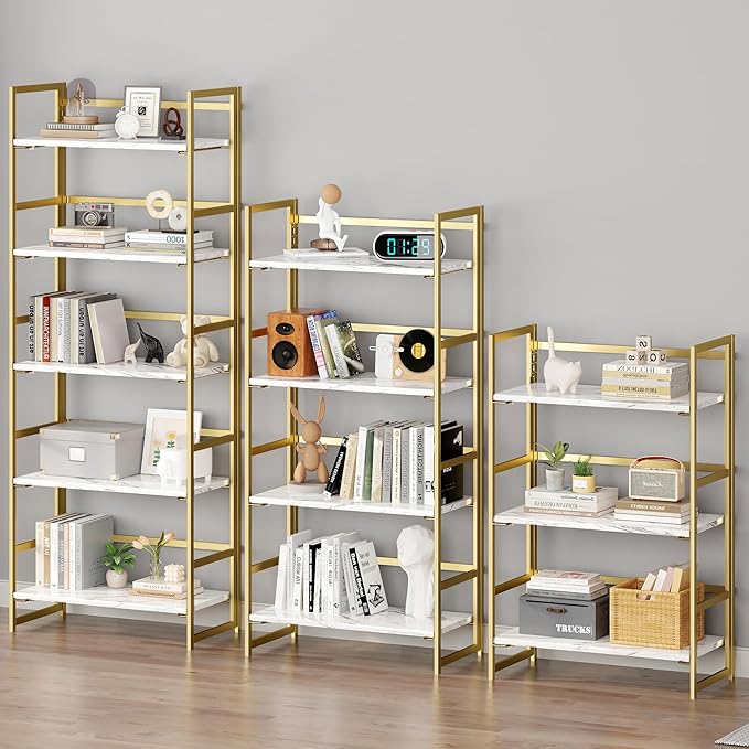 BHG No Assembly Folding Bookshelf for Living Room, 5 Tier Gold Collapsible Book Shelf for Home Office, Portable Bookcase Storage Organizer