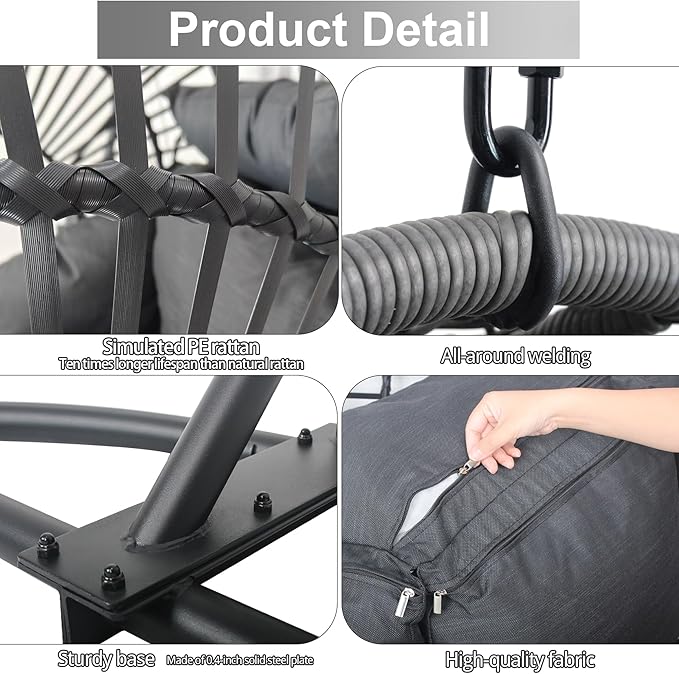 Hanging Egg Chair with Stand - Egg Swing Chair Outdoor Indoor Patio Wicker Chair Swing Hammock Egg Chairs 400lbs Capacity for Outside Patio, Bedroom, Garden and Balcony（Black, 1PC）