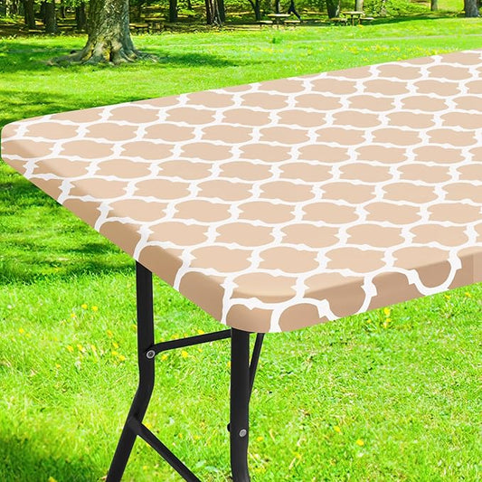 Smiry Rectangle Picnic Table Cover, Waterproof Elastic Fitted Camping Tablecloths for 5 Foot Tables, Wipeable Flannel Backed Vinyl Tablecloth Protector for Indoor, Outdoor (Khaki, 30x60 Inches)