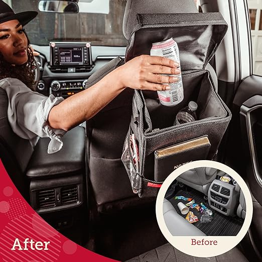 Lusso Gear Spill-Proof Car Trash Can - 2.5 gal Black Oxford - Leakproof & Waterproof Hanging Car Trash Bin - Organization Accessories with Removable Liner & Mesh Pockets - Boat Garbage Can