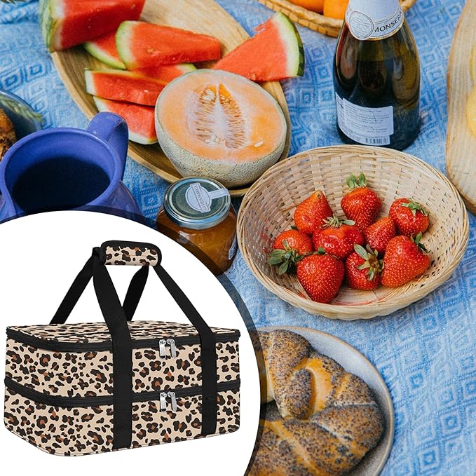 esouler Double Insulated Casserole Carrier Bag Hot & Cold Food Carrier Bag Lasagna Holder Lunch Bag for Picnics, Parties, Travel, Fits 9 x 13 Inches Casserole Dish-Leopard