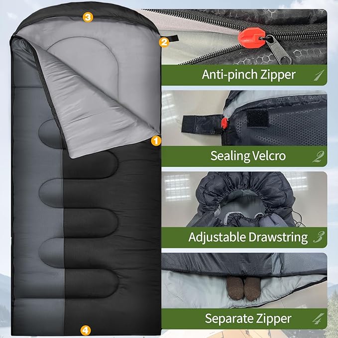 XL 10 Degree Sleeping Bags Waterproof for Adults 350GSM Machine Washable with Compression Sack for 3-4 Season Camping Outdoor