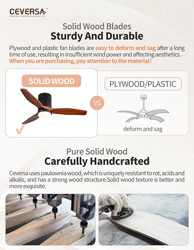 42 Inch Low Profile Ceiling Fans with Lights and Remote, Flush Mount Ceiling Fan with Lights, 3 Blades Solid Wood Walnut Hugger Easy Installation for Living Room, Bedroom, Farmhouse, Indoor