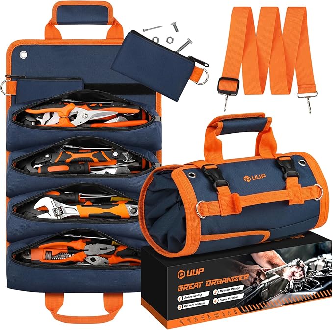 Tool Bag Roll Up, UUP Heavy Duty Rolled Empty Tool Storage Organization, Portable Foldable Rollup Organizer with 2 Small Pouches, Rollable Carrying Toolbag, Dad Men Mechanic Birthday Gift, Blue Orange