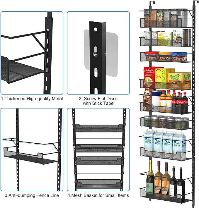 Over the Door Pantry Organizer, 8-Tier Over the Door Organizer with Adjustable Basket, Pantry Door Organization for Pantry Kitchen Storage Room Spice Rack, Black