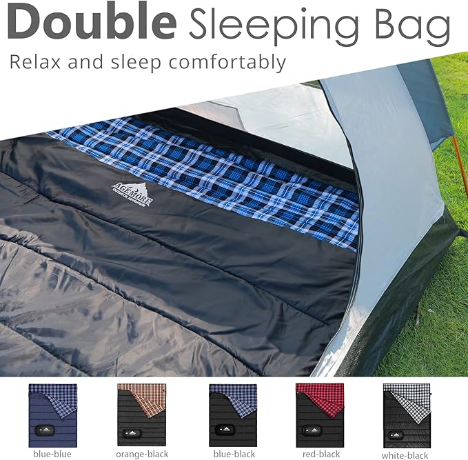 AGEMORE Cotton Flannel Double Sleeping Bag for Camping, Backpacking Or Hiking. Queen Size 2 Person Waterproof Sleeping Bag for Adults Or Teens. Lightweight with Compression Sack
