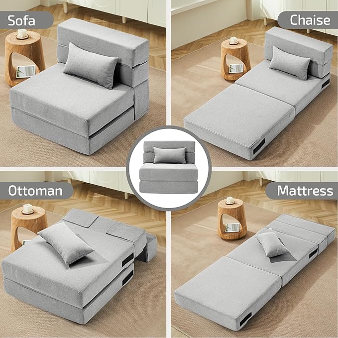 Folding Sofa Bed with Pillow- Convertible Chair Floor Couch & Sleeping Mattress, Foldable Memory Foam Sleeper for Living Room/Dorm/Guest Room/Home Office/Apartment/Loft, Single28, Light Gray
