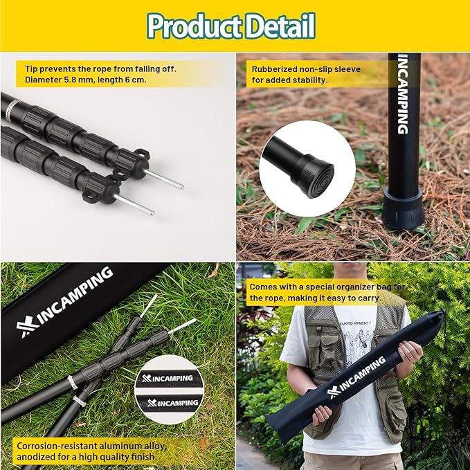 Tarp Poles Adjustable Heavy Duty, XINCAMPING Tent Poles Aviation Aluminum 7.7FT Lengthen and Thicken with Protection Cap Awning Poles Set of 2 for Camping Hiking